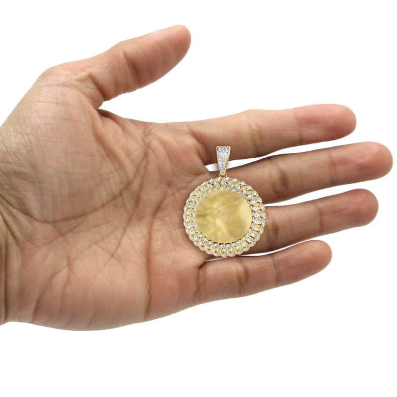 10K Yellow Gold Medium Diamond Round Cuban Picture Pendant Necklace | Appx. 21 Grams