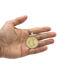 10K Yellow Gold Medium Diamond Round Cuban Picture Pendant Necklace | Appx. 21 Grams