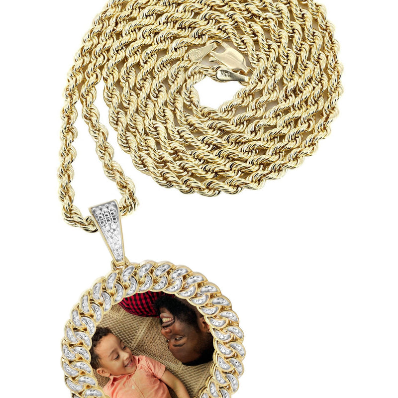 10K Yellow Gold Small Diamond Round Cuban Picture Pendant Necklace | Appx. 18 Grams