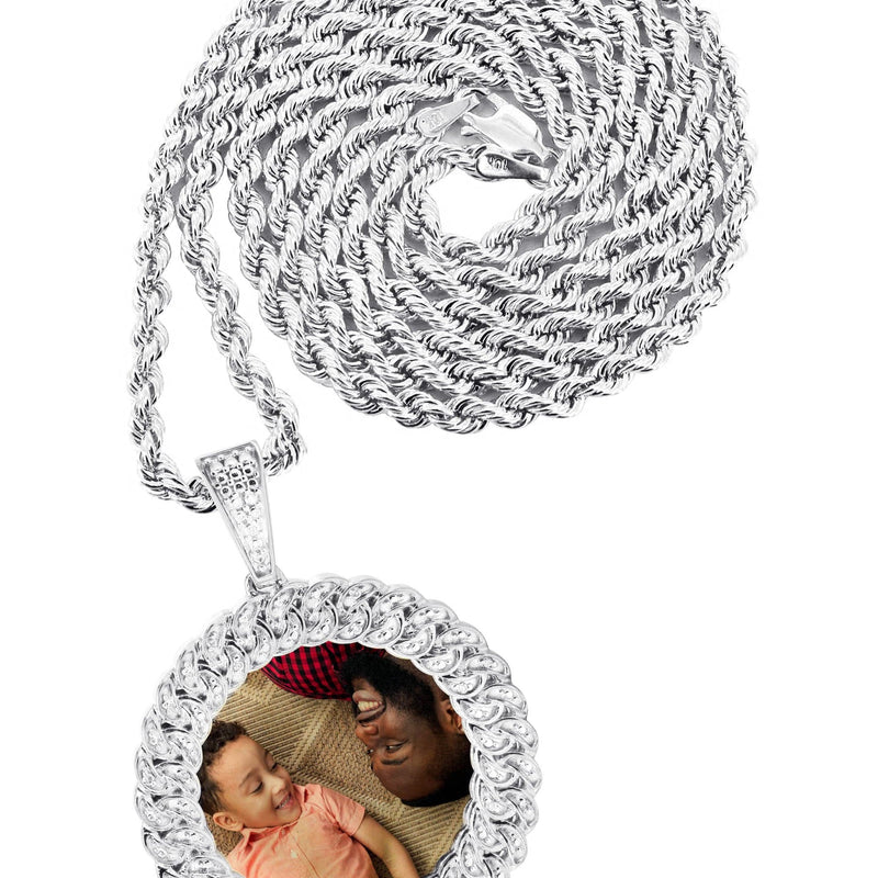 10K White Gold Small Diamond Round Cuban Picture Pendant Necklace | Appx. 18 Grams