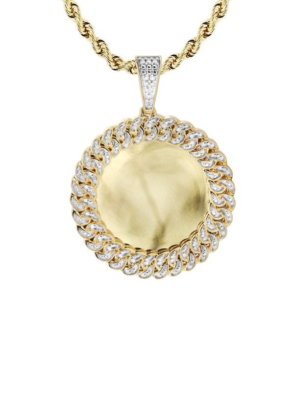 10K Yellow Gold Small Diamond Round Cuban Picture Pendant Necklace | Appx. 18 Grams