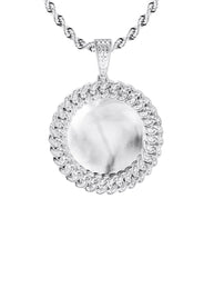 10K White Gold Small Diamond Round Cuban Picture Pendant Necklace | Appx. 18 Grams