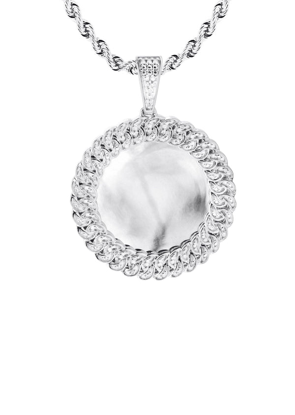 10K White Gold Small Diamond Round Cuban Picture Pendant Necklace | Appx. 18 Grams