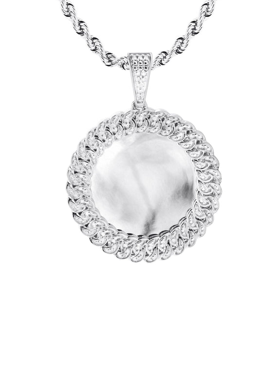10K White Gold Small Diamond Round Cuban Picture Pendant Necklace | Appx. 18 Grams