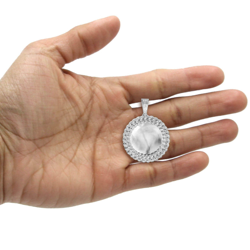 10K White Gold Small Diamond Round Cuban Picture Pendant Necklace | Appx. 18 Grams