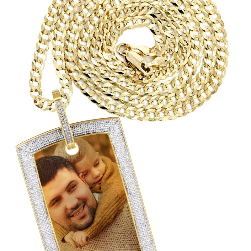 10K Yellow Gold Diamond Dog Tag Picture Pendant Necklace | Appx. 36 Grams