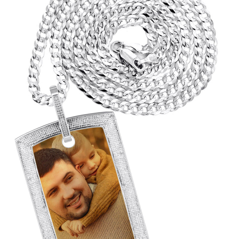 10K White Gold Diamond Dog Tag Picture Pendant Necklace | Appx. 36 Grams