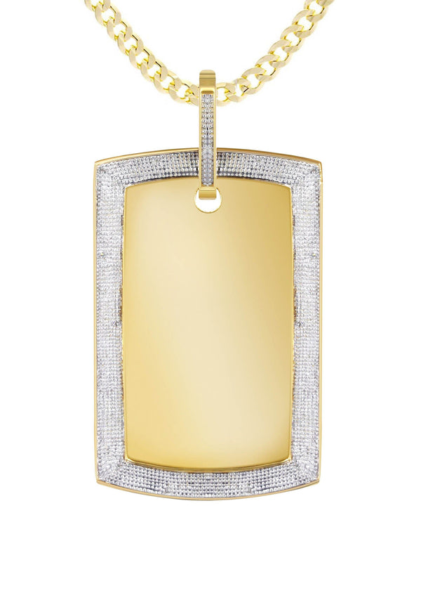 10K Yellow Gold Diamond Dog Tag Picture Pendant Necklace | Appx. 36 Grams