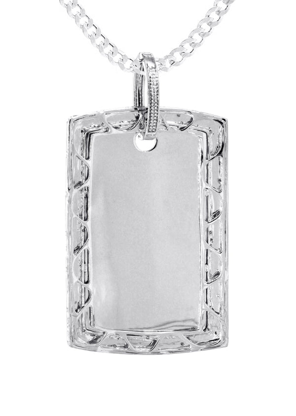 10K White Gold Diamond Dog Tag Picture Pendant Necklace | Appx. 36 Grams