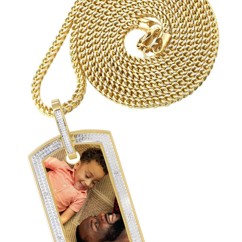 10K Yellow Gold Diamond Dog Tag Picture Pendant Necklace | Appx. 27 Grams