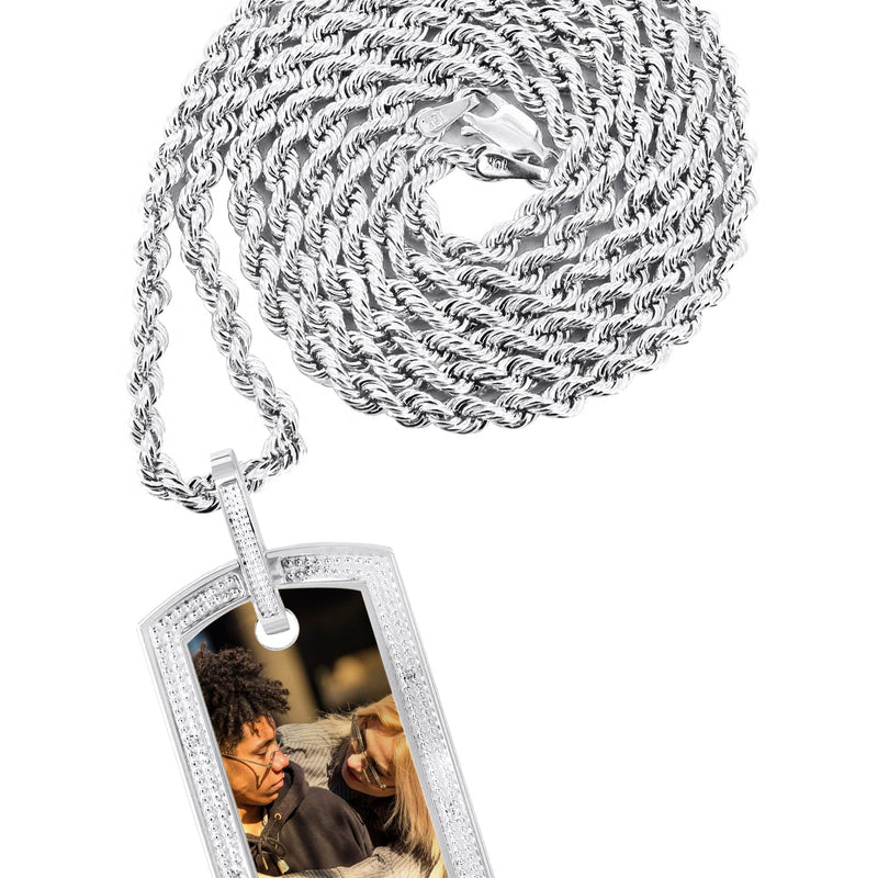10K White Gold Diamond Dog Tag Picture Pendant Necklace | Appx. 20 Grams