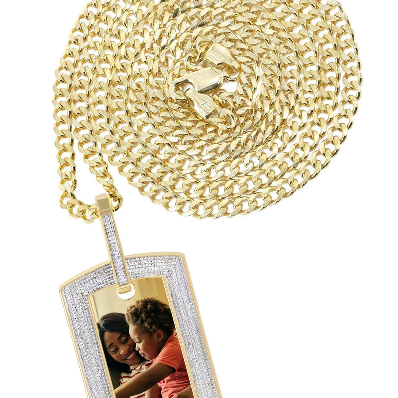 10K Yellow Gold Diamond Dog Tag Picture Pendant Necklace | Appx. 24 Grams