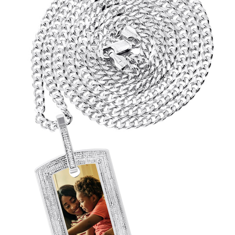 10K White Gold Diamond Dog Tag Picture Pendant Necklace | Appx. 24 Grams
