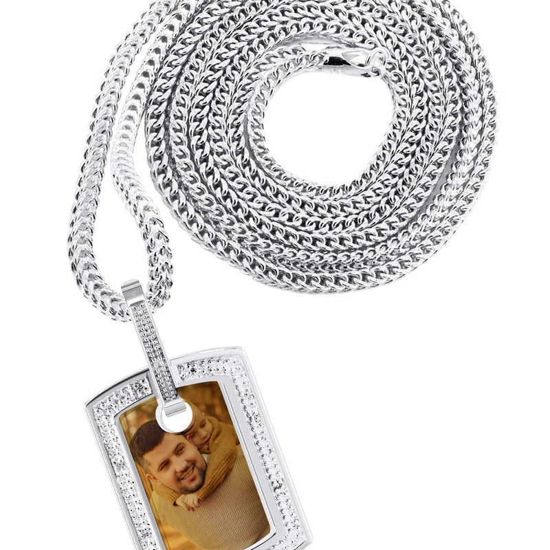 10K White Gold Diamond Dog Tag Picture Pendant Necklace | Appx. 19 Grams