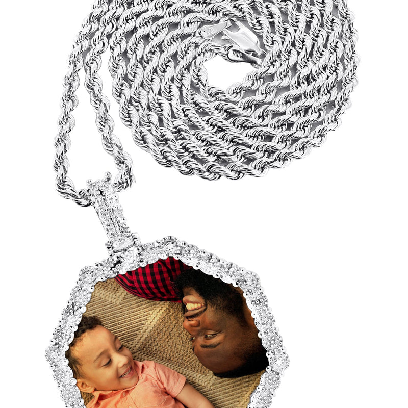 10K White Gold Diamond Octagon Picture Pendant Necklace | Appx. 25 Grams