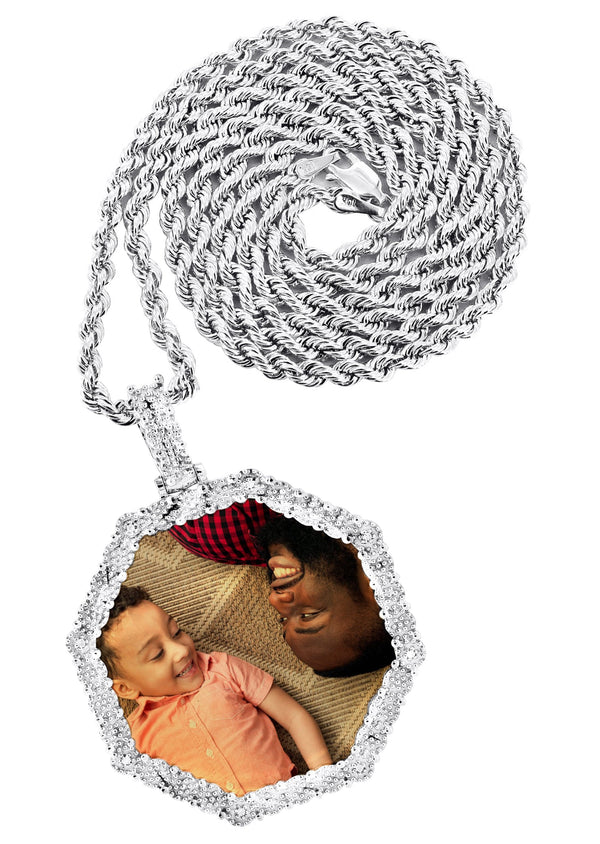 10K White Gold Diamond Octagon Picture Pendant Necklace | Appx. 25 Grams