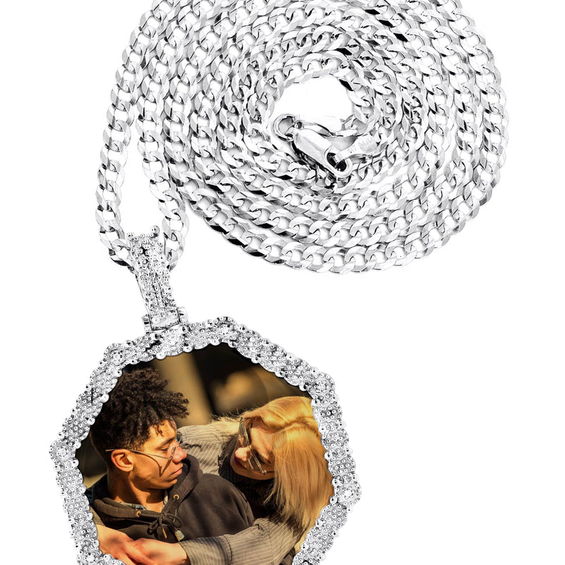 10K White Gold Diamond Octagon Picture Pendant Necklace | Appx. 22 Grams