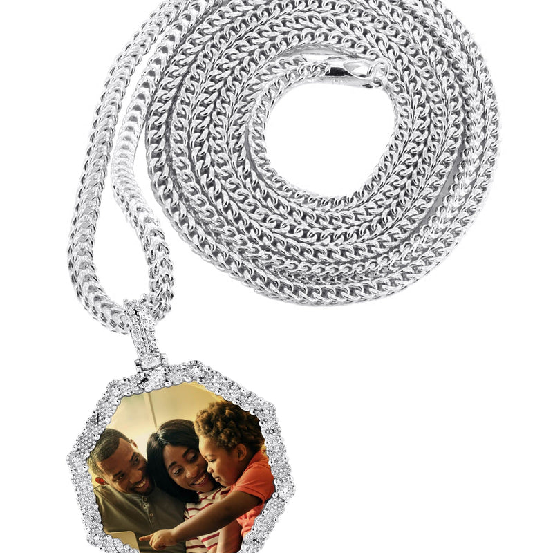 10K White Gold Diamond Octagon Picture Pendant Necklace | Appx. 17 Grams