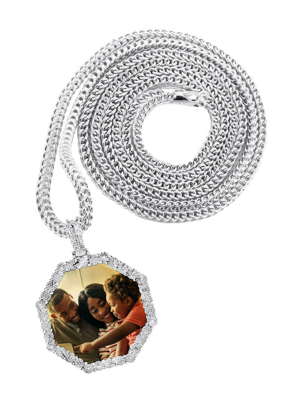 10K White Gold Diamond Octagon Picture Pendant Necklace | Appx. 17 Grams