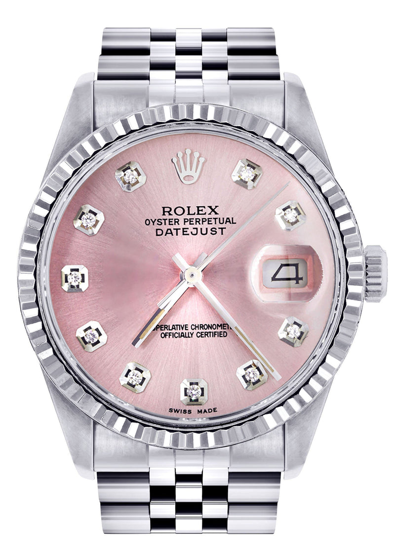Womens Rolex Datejust Watch 16200 | Fluted Bezel | 36Mm | Pink Dial | Fluted Bezel | Jubilee Band