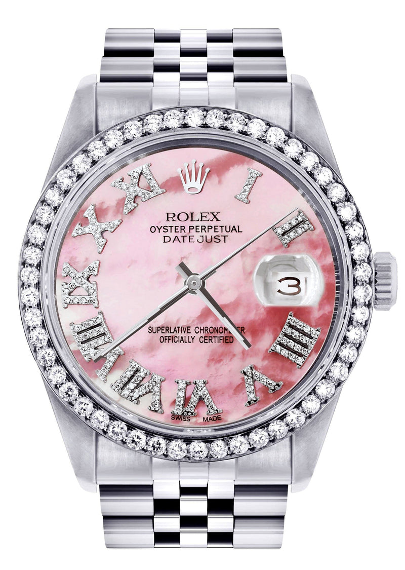 Diamond Mens Rolex Datejust Watch 16200 | 36Mm | Pink Mother Of Pearl Roman Numeral Dial | Jubilee Band