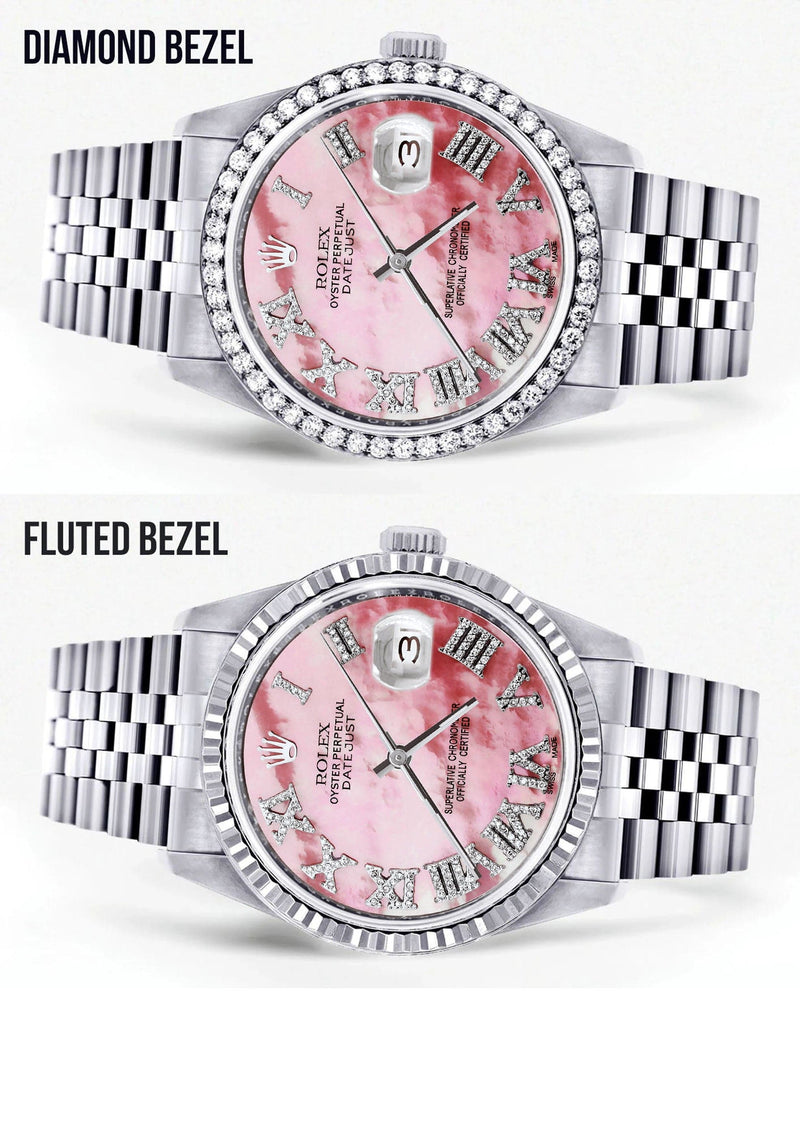 Diamond Mens Rolex Datejust Watch 16200 | 36Mm | Pink Mother Of Pearl Roman Numeral Dial | Jubilee Band