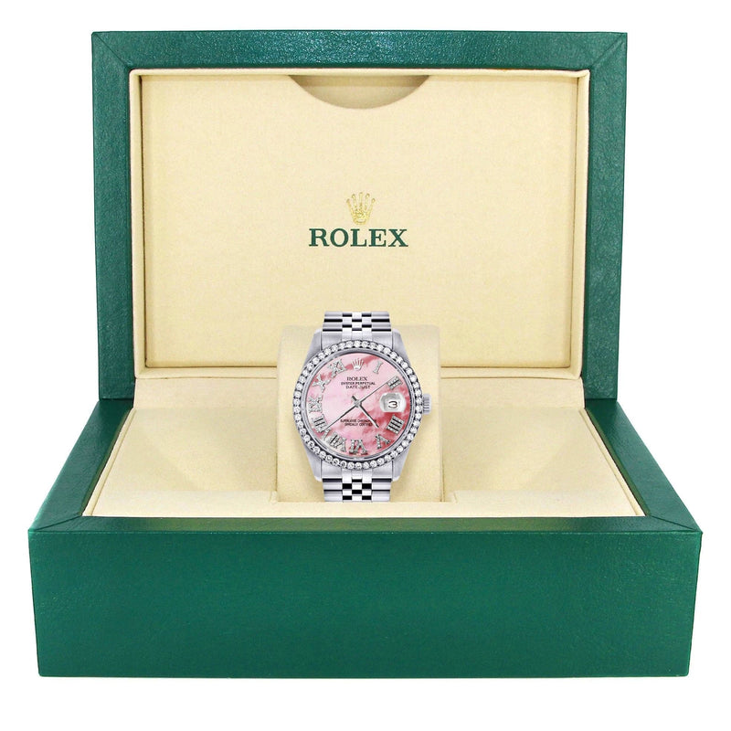 Diamond Mens Rolex Datejust Watch 16200 | 36Mm | Pink Mother Of Pearl Roman Numeral Dial | Jubilee Band