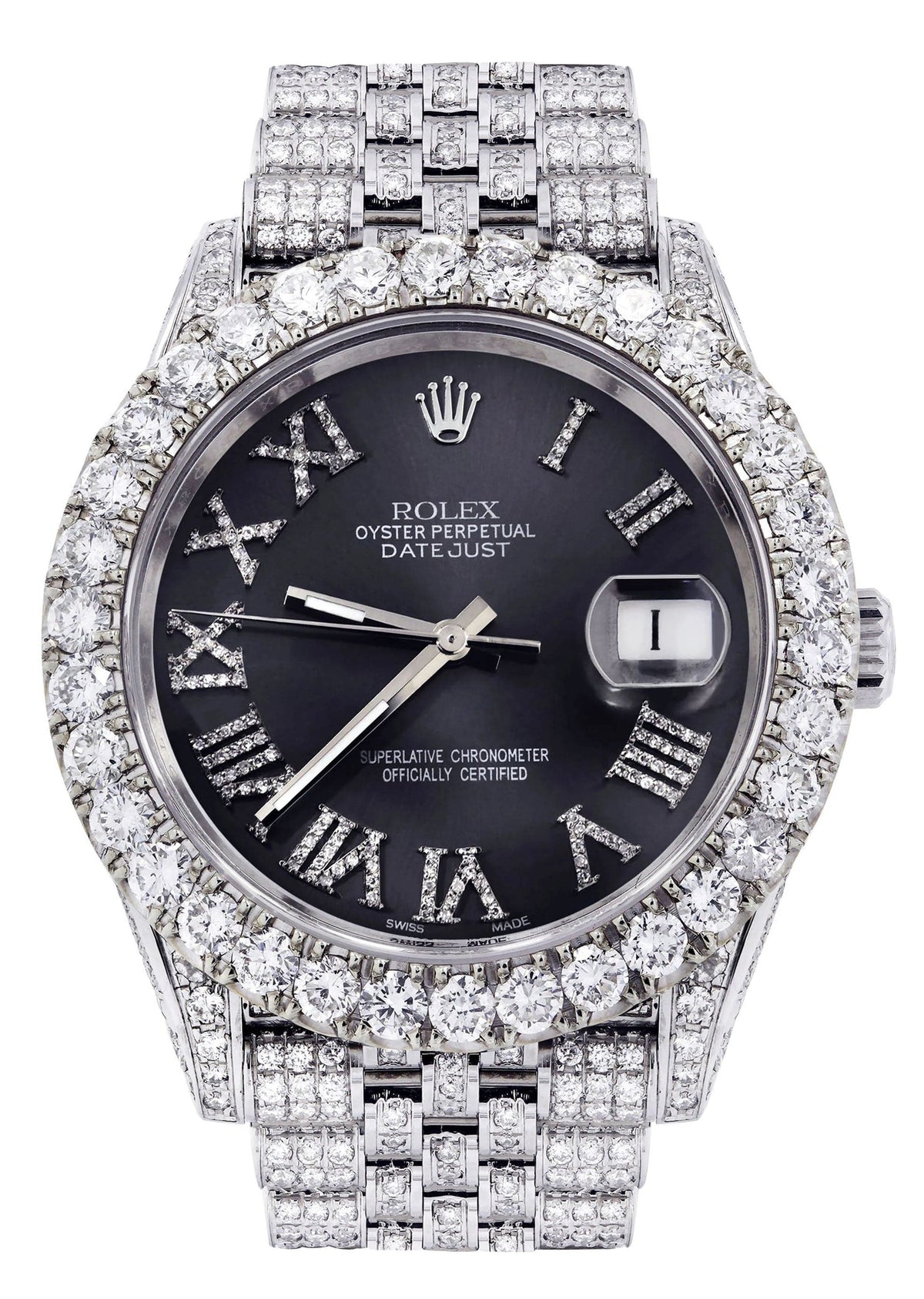Diamond Iced Out Rolex Datejust 41 | 25 Carats Of Diamonds | Custom Grey Roman Diamond Dial | Jubilee Band