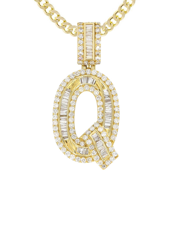 14K Yellow Gold Letter "Q" Baguette Diamond Necklace | 2.22 Carats