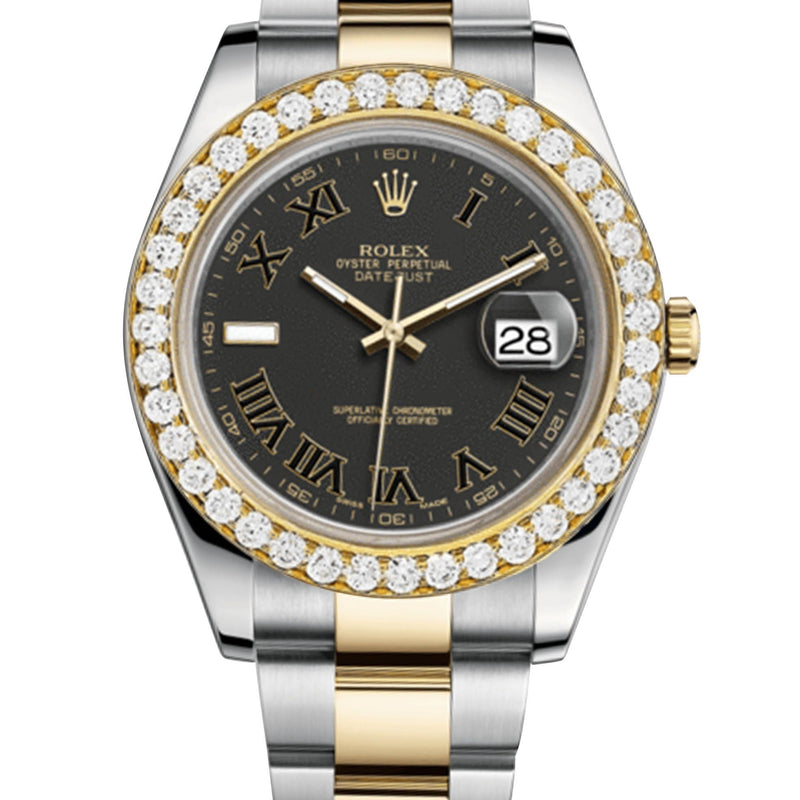 Rolex Datejust Ii Black Dial - Black And Gold Roman Numerals With 5 Carats Of Diamonds
