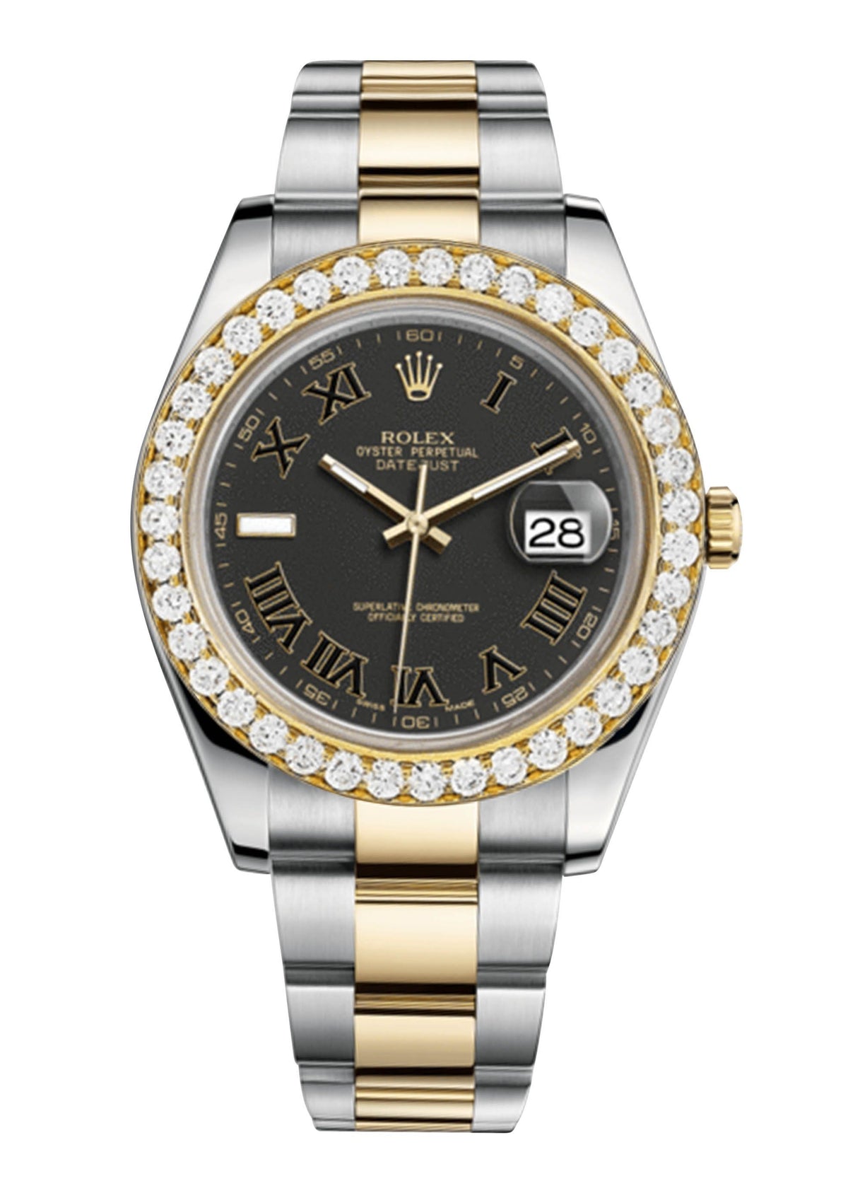 Rolex Datejust Ii Black Dial - Black And Gold Roman Numerals With 5 Carats Of Diamonds