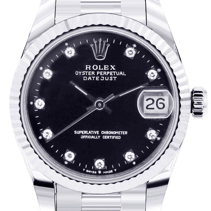 Rolex Datejust Watch For Women | Stainless Steel | Presidential Band | Custom Black Diamond Dial | 31 Mm