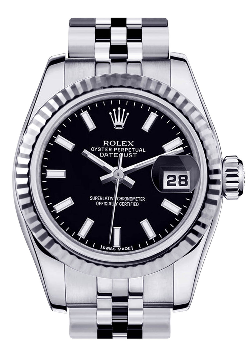 Rolex Datejust Watch For Women | Stainless Steel | 18K White Gold Fluted Bezel | 26 Mm