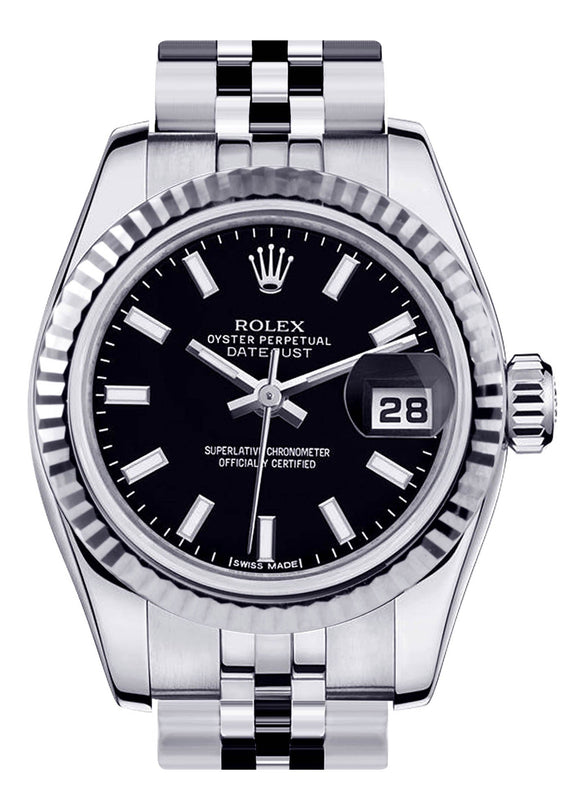 Rolex Datejust Watch For Women | Stainless Steel | 18K White Gold Fluted Bezel | 26 Mm