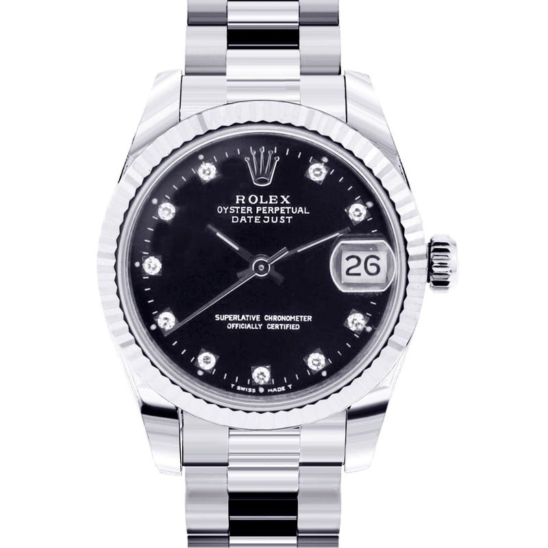 Rolex Datejust Watch For Women | Stainless Steel | Presidential Band | Custom Black Diamond Dial | 31 Mm