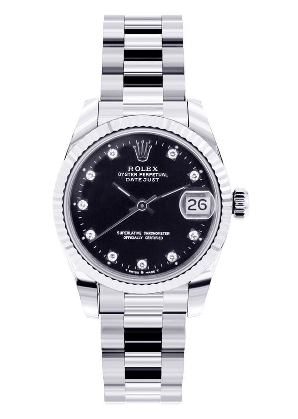 Rolex Datejust Watch For Women | Stainless Steel | Presidential Band | Custom Black Diamond Dial | 31 Mm