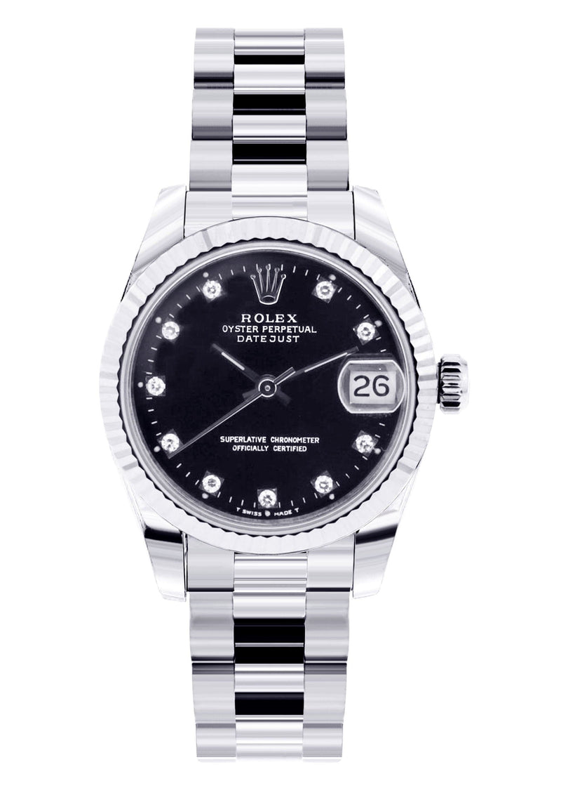 Rolex Datejust Watch For Women | Stainless Steel | Presidential Band | Custom Black Diamond Dial | 31 Mm