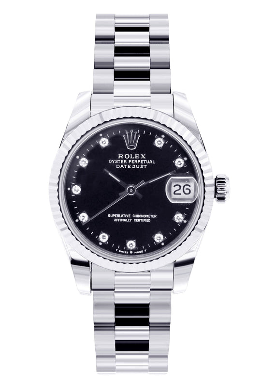 Rolex Datejust Watch For Women | Stainless Steel | Presidential Band | Custom Black Diamond Dial | 31 Mm
