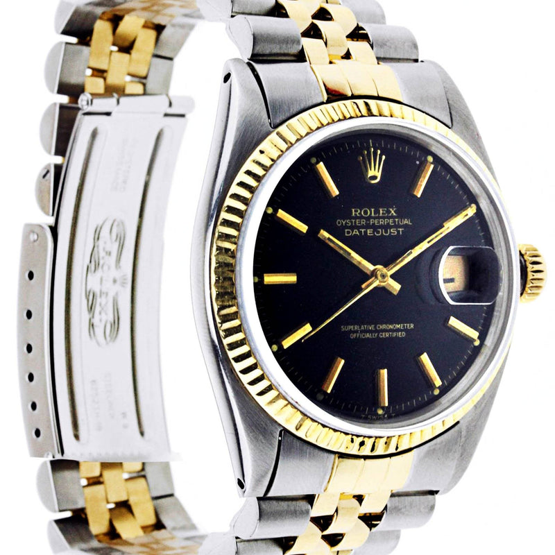Diamond Rolex Datejust | 18K Yellow Gold and Stainless Steel | Fluted Gold Bezel | 36 MM | Black Stick Dial
