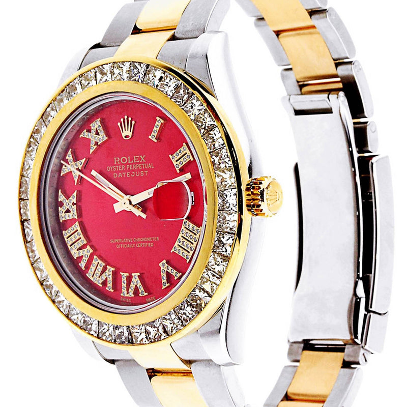 Diamond Rolex Datejust 2 | 18K Yellow Gold and Stainless Steel | Red Diamond Roman Numeral Dial | 41 Mm | 7.75 Carats