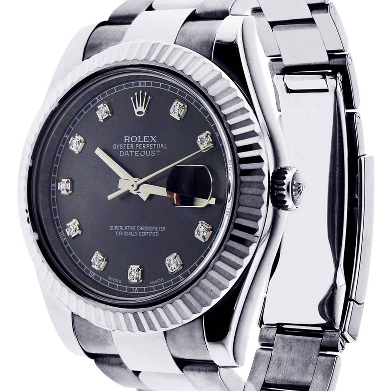 ROLEX DATEJUST 2 41 MM | STEEL WATCH | OYSTER BAND | BLACK DIAMOND DIAL | 18K FLUTED BEZEL