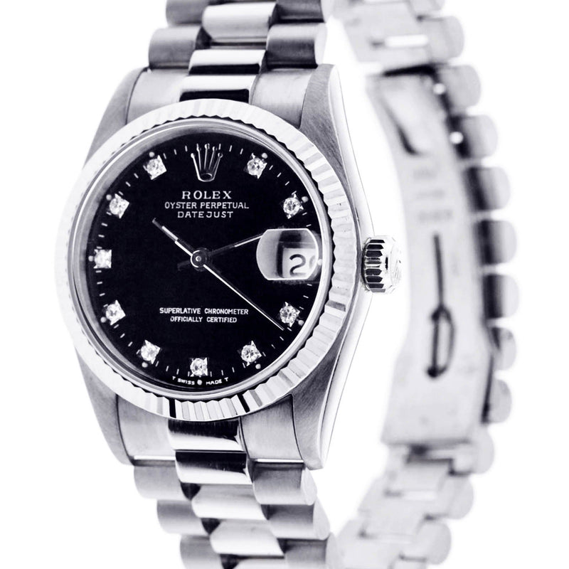 Rolex Datejust Watch For Women | Stainless Steel | Presidential Band | Custom Black Diamond Dial | 31 Mm