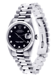 Rolex Datejust Watch For Women | Stainless Steel | Presidential Band | Custom Black Diamond Dial | 31 Mm