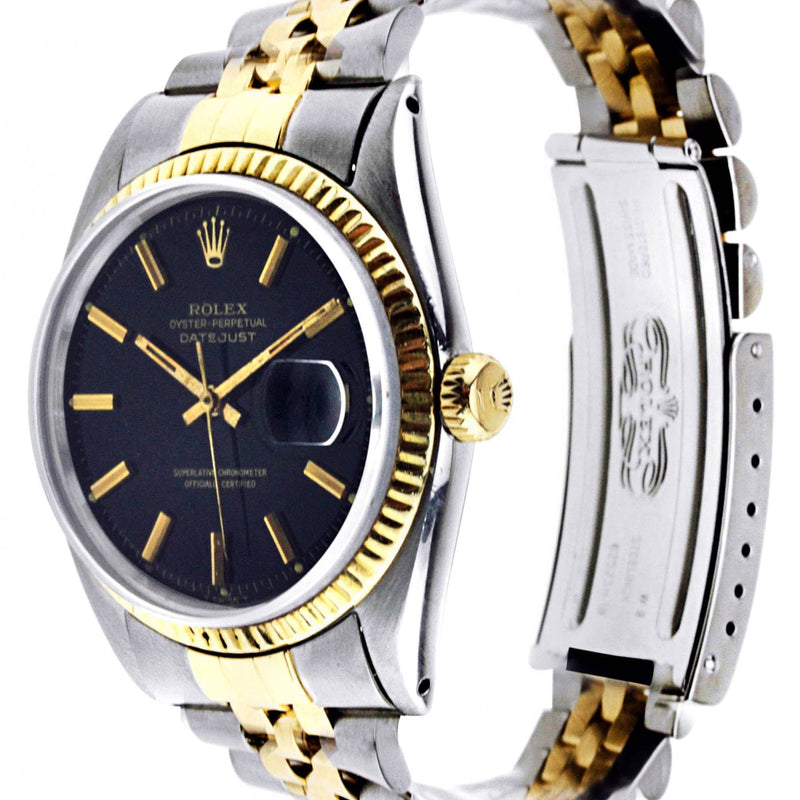 Diamond Rolex Datejust | 18K Yellow Gold and Stainless Steel | Fluted Gold Bezel | 36 MM | Black Stick Dial