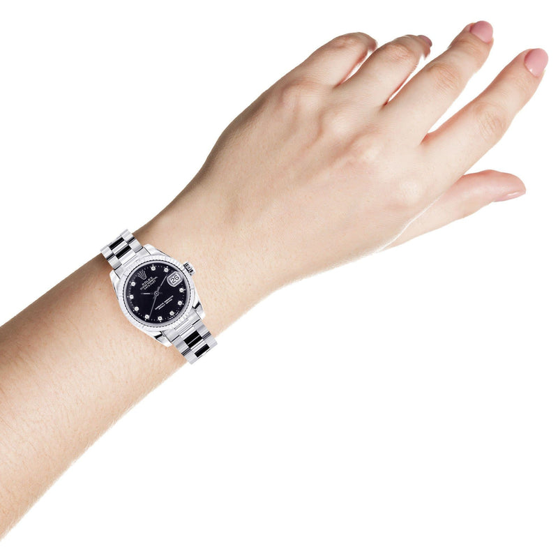 Rolex Datejust Watch For Women | Stainless Steel | Presidential Band | Custom Black Diamond Dial | 31 Mm