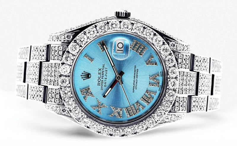 Diamond Rolex Datejust 2 | Stainless Steel | Custom Blue Roman Numeral Dial | 41 MM | 16.55 Carats