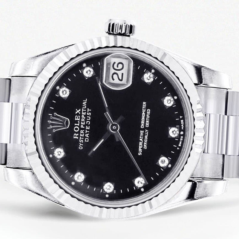 Rolex Datejust Watch For Women | Stainless Steel | Presidential Band | Custom Black Diamond Dial | 31 Mm