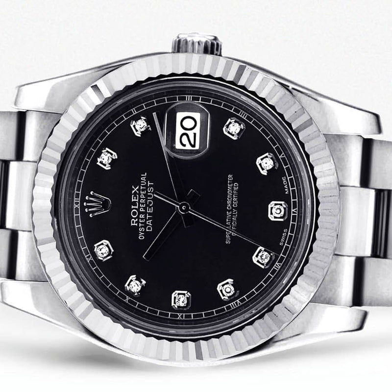 ROLEX DATEJUST 2 41 MM | STEEL WATCH | OYSTER BAND | BLACK DIAMOND DIAL | 18K FLUTED BEZEL