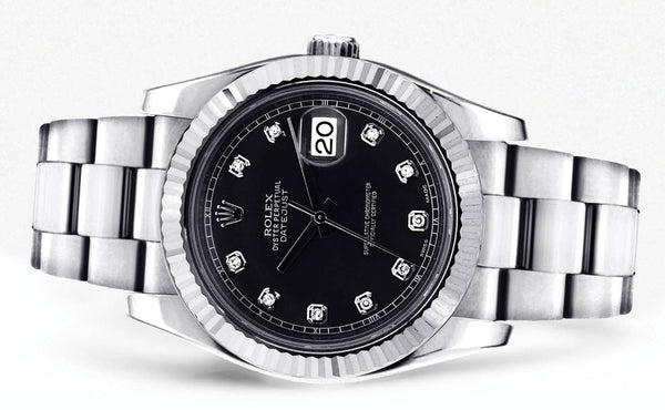 ROLEX DATEJUST 2 41 MM | STEEL WATCH | OYSTER BAND | BLACK DIAMOND DIAL | 18K FLUTED BEZEL
