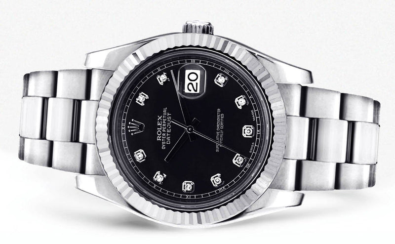 ROLEX DATEJUST 2 41 MM | STEEL WATCH | OYSTER BAND | BLACK DIAMOND DIAL | 18K FLUTED BEZEL